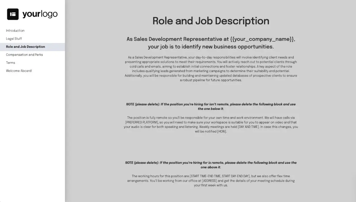 Sales Development Representative Job Offer Template - Role and Job Description