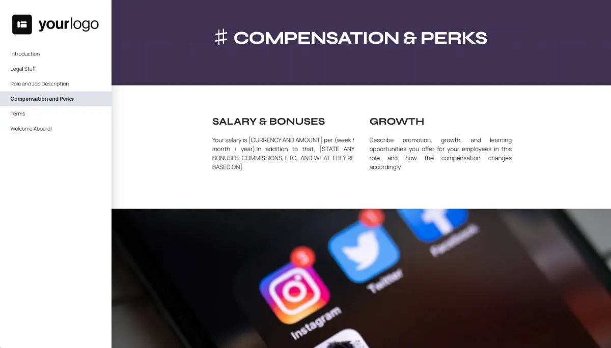 Social Media Manager Job Offer Template - Compensation and Perks