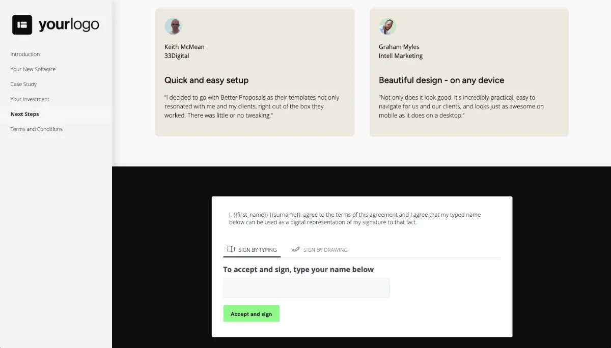Better Proposals Product Proposal Template - Next steps with digital signing