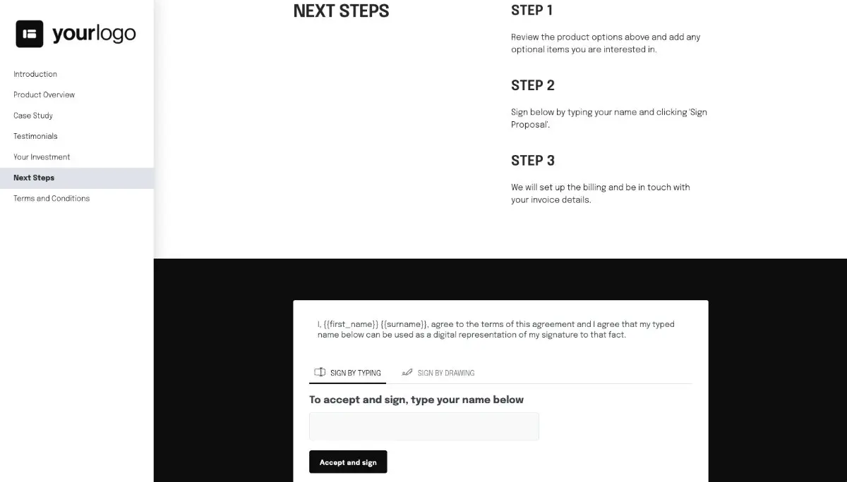 General Product Proposal Template - Black and White - Next steps with digital signing