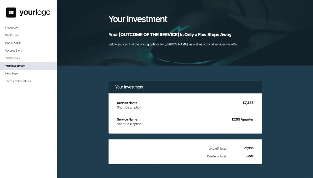 General Service Proposal Template - Very Dark Blue - Pricing