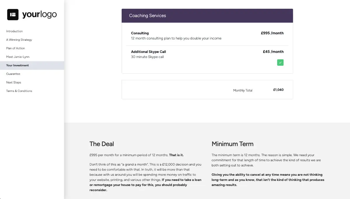 Business Coaching Proposal Template - Pricing