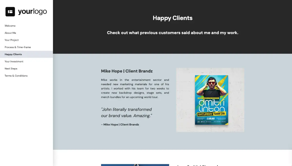 Freelance Design Proposal Template - Testimonial examples