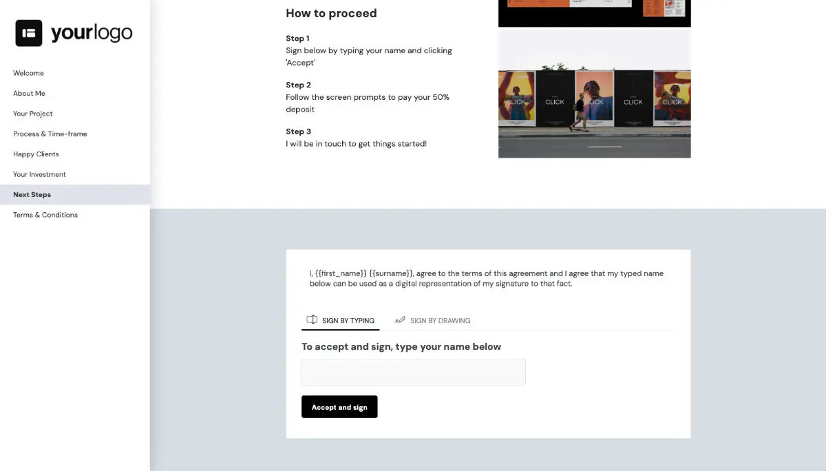 Freelance Design Proposal Template - Next steps with digital signing