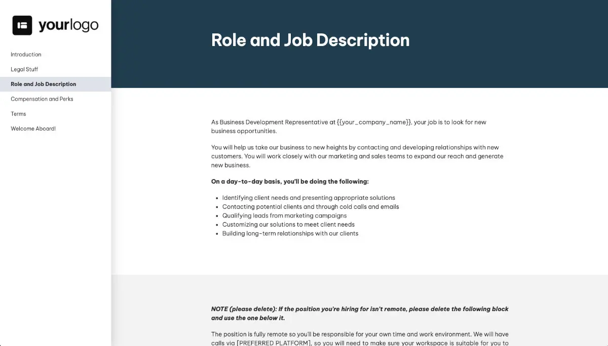 Business Development Representative Job Offer Template - Pre-Written Job Description