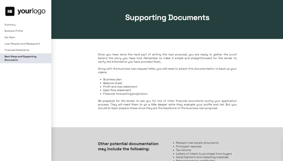 Business Loan Proposal Template - Next steps and supporting documents