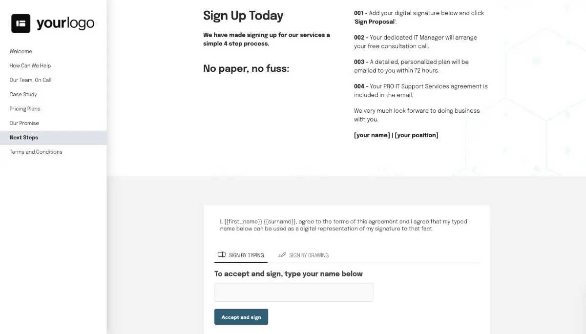 IT Support Services Proposal Template - Next steps with digital signing