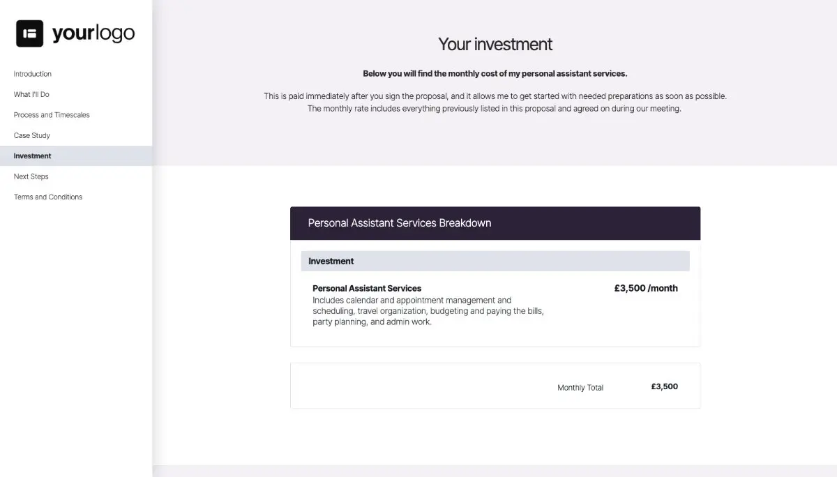 Personal Assistant Proposal Template - Pricing