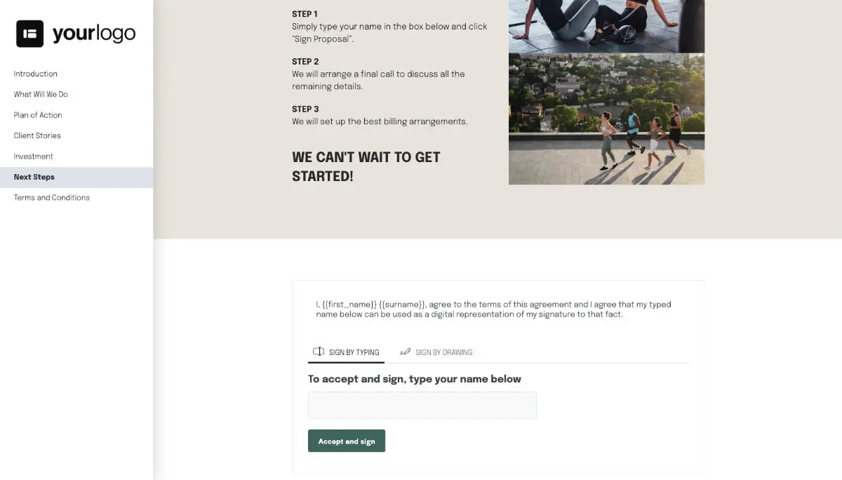 Fitness Proposal Template - Next steps with digital signing