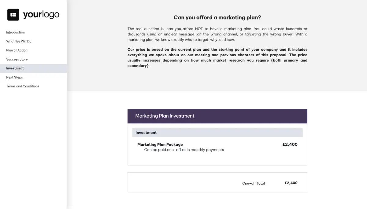 Marketing Plan Proposal Template - Pricing