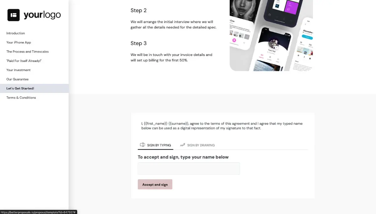iPhone Mobile App Development Proposal Template - Next steps with digital signing