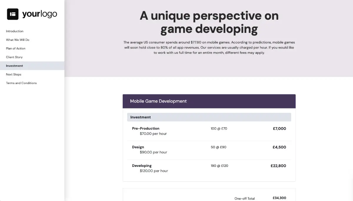 Mobile Game Development Proposal Template - Pricing