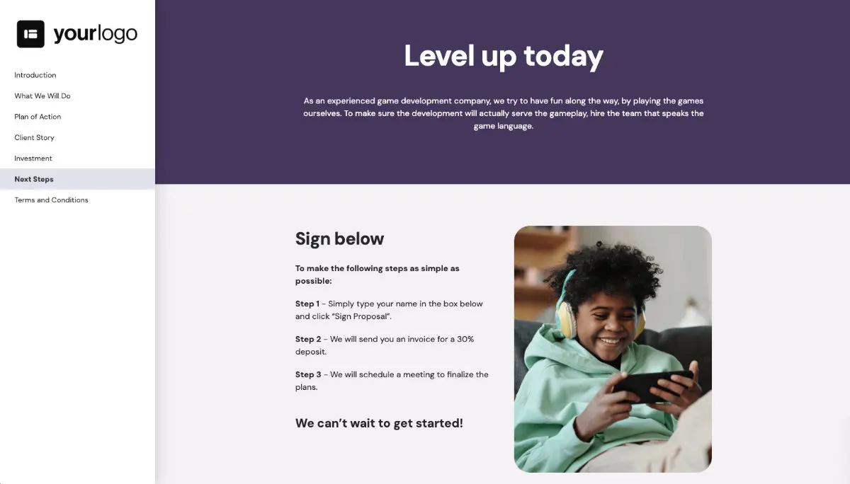 Mobile Game Development Proposal Template - Next steps with digital signing