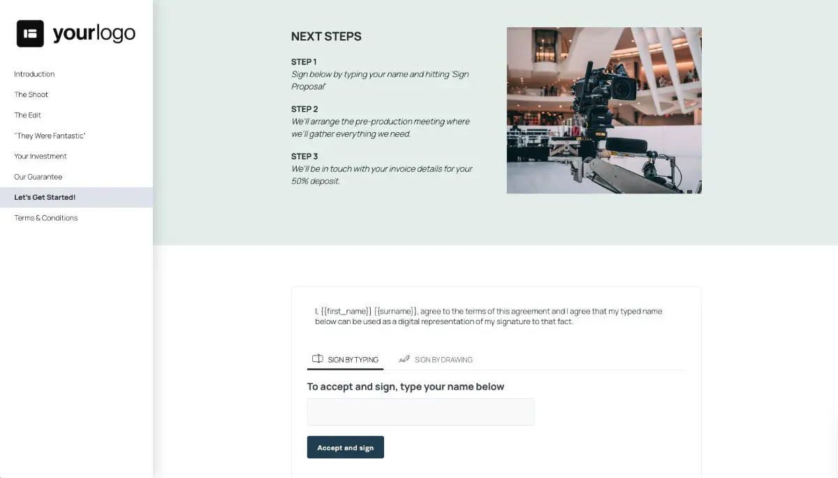 Event Filming Proposal Template - Next steps with digital signing