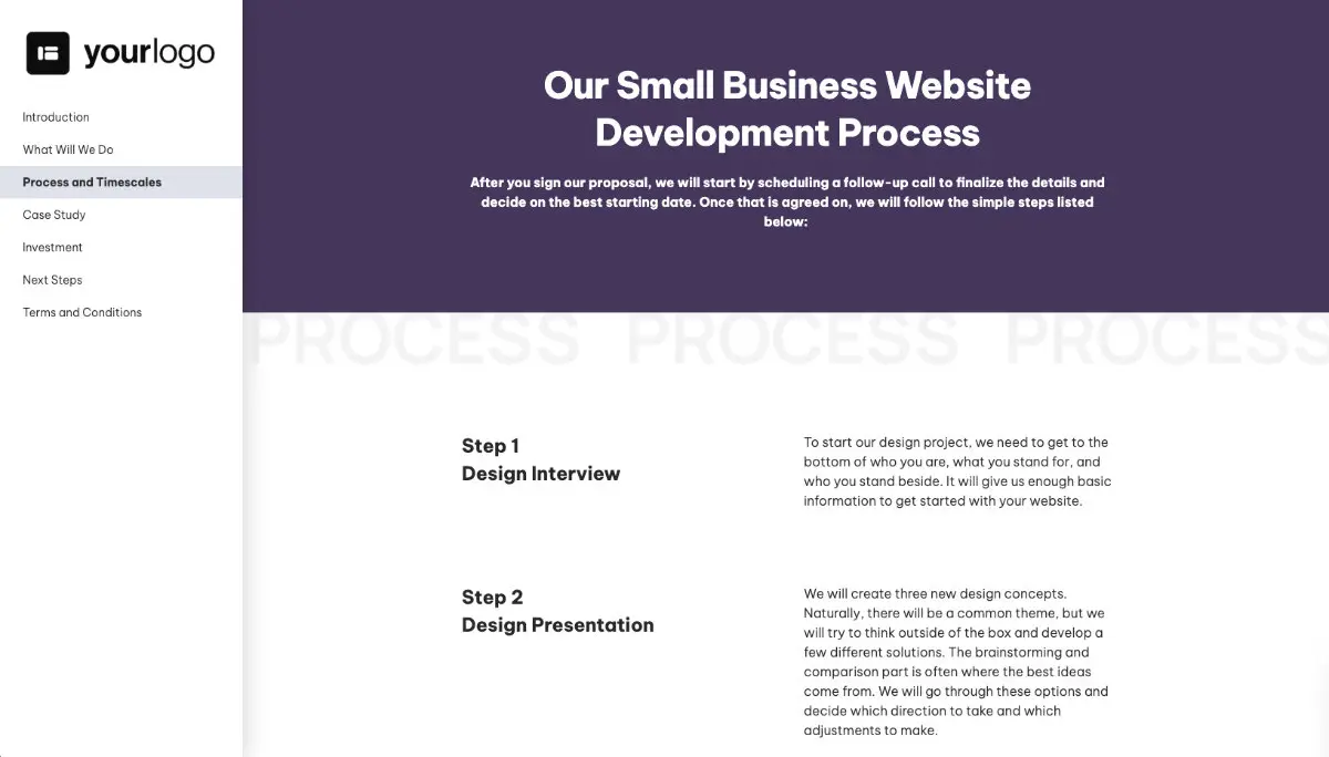 Small Business Web Design Proposal Template - Processes and timescales