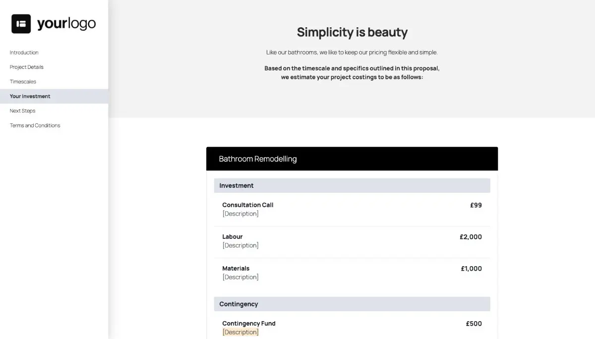 Bathroom Remodel Quote Template - Pricing