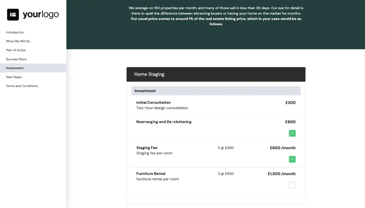 Home Staging Quote Template - Pricing