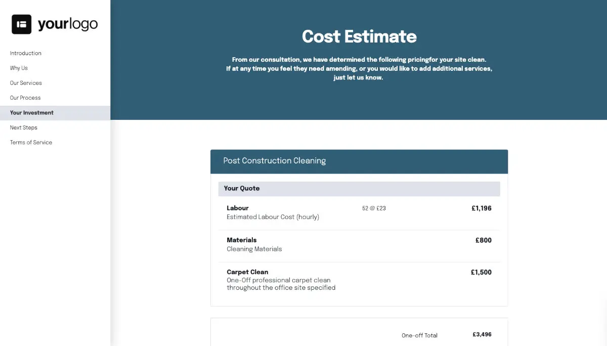 Post Construction Cleaning Quote Template - Pricing